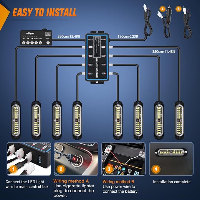 Nilight 8PCS Led Strobe Lights with Controller 12V 24V Sync Feature White Strobe Light 12 LED Surface Mount Emergency Hazard Warning Lights with Strobe Controller for Vehicle Car Truck RV ATV