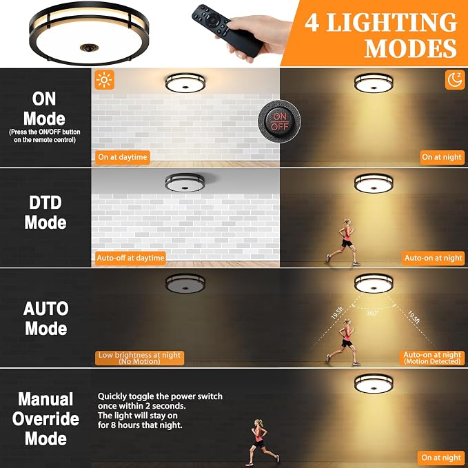 16IN LED Motion Sensor Outdoor Ceiling Light with Remote, 32W | Dusk to Dawn, 2700K/3000K/3500K/4000K/5000K Dimmable, 4 Lighting Modes, Large Flush Mount Ceiling Light for Entryway, Black