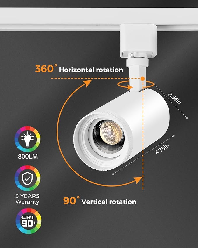 VANoopee 3-Color Zoomable J Type Track Lighting Heads 10W for Juno Rail - Bright LED Track Light Heads Fixtures 3000K 4000K 5000K Ceiling Spot Accent Light, No Flicker CRI90+ 15-55° 800lm White 4 Pack