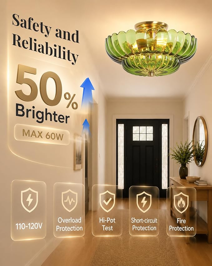 Semi Flush Mount Ceiling Light Fixture 14" Vinatge Gold Ceiling Lights Mid Century Modern Green Glass Close to Ceiling Lighting Fixtures for Bedroom Hallway Kitchen Laundry Room Bathroom