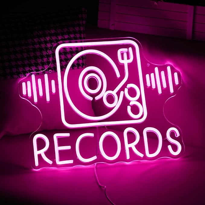 Records Neon Sign For Wall Decor Jukebox Music Light Up Sign Powered by USB Dimmable Pink Led Music Records Neon Light for Video Shop Karaoke Bar Party Bedroom Gifts(15.7"*12.2"）