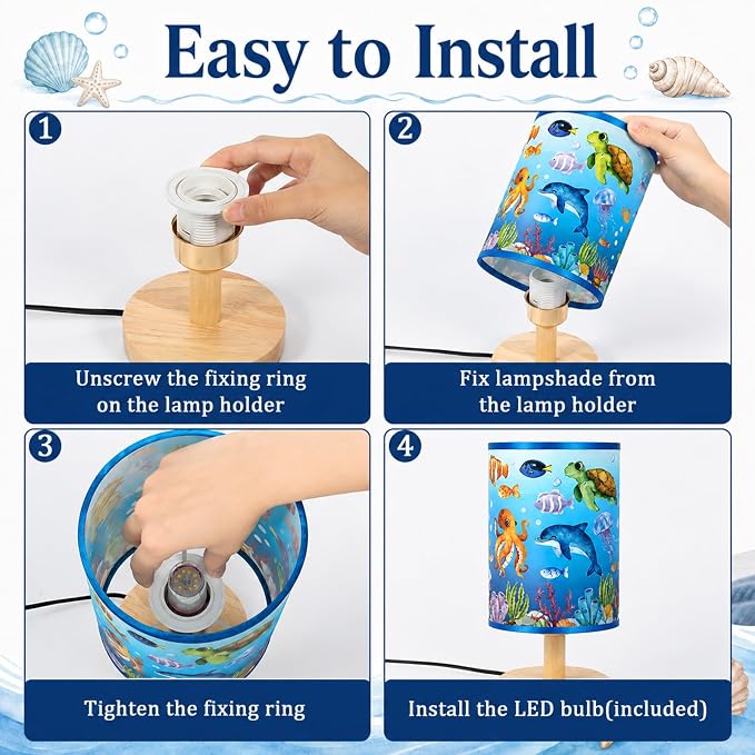 Under the Sea Table Lamp Ocean Animals Fish 3 Colors Dimmable Lights Underwater World LED Night Light Bedside Decor with Wooden Base Fabric Lampshade for Bedroom Living Room Home Decor Birthday Gift