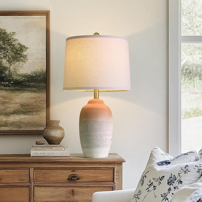 24.5" Ceramic Table Lamp with 5FT Cord, Single Farmhouse Vintage Rustic Bedside Lamp for Living Room Bedroom Entryway, Linen Shade Nightstand End Table Decor (Bulb Not Included)-White&Brown