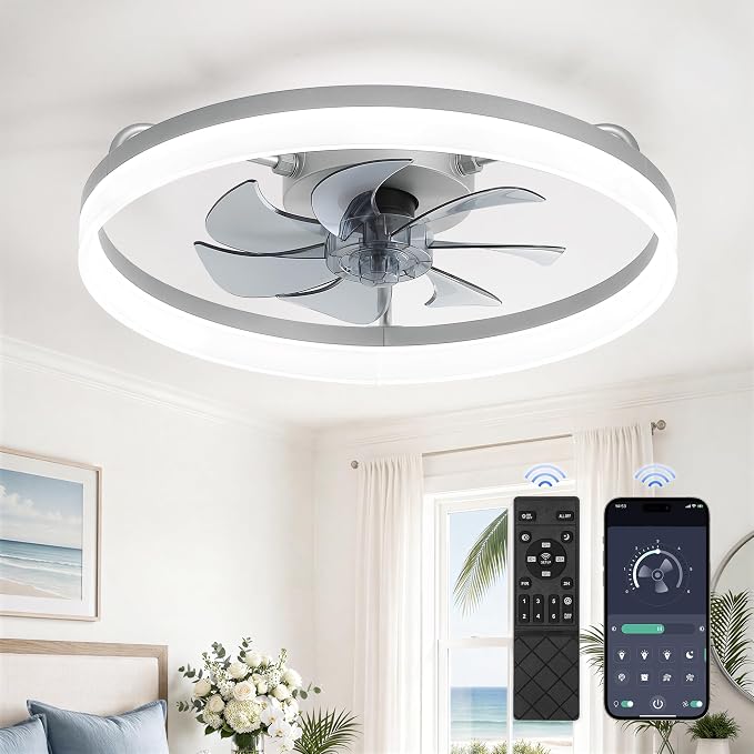LEDIARY 20" Low Profile Ceiling Fans with Lights, APP & Remote, Grey | Flush Mount, Dimmable LED, Quiet DC Motor, Reversible, 6 Speeds, Fandelier, for Bedroom