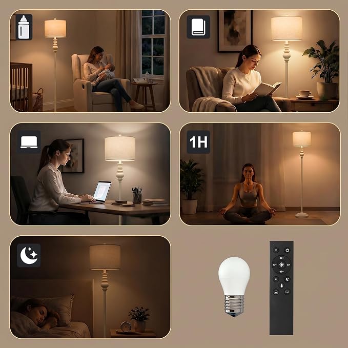 BOBOMOMO 64.25" Farmhouse Floor Lamp with Remote, Dimmable Floor Lamp with Adjustable Color Temperatures, Tall White Standing Floor Lamps for Living Room Corner, Bedroom & Nursery, 9W Bulb Included