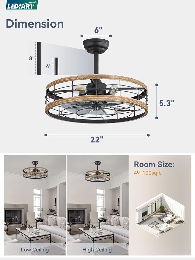 LEDIARY 22 inch Caged Fandelier Ceiling Fan Light with Remote, Brown | 6 Speed Adjustable,Timing, Quiet & Powerful DC, Large, Farmhouse, Industrial, Enclosed, Bladeless, Bedroom, Kitchen, Downrod