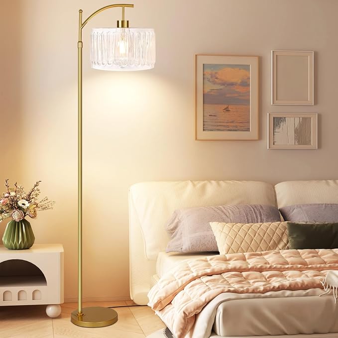 ILLMTW Glass Floor Lamp for Living Room,Bedroom,Gold Dimmable Standing Lamp with Remote,Brass White Tall Lamp Boho Mid Century Modern Floor Lamps Arc Floor Light Lamp Bohemian