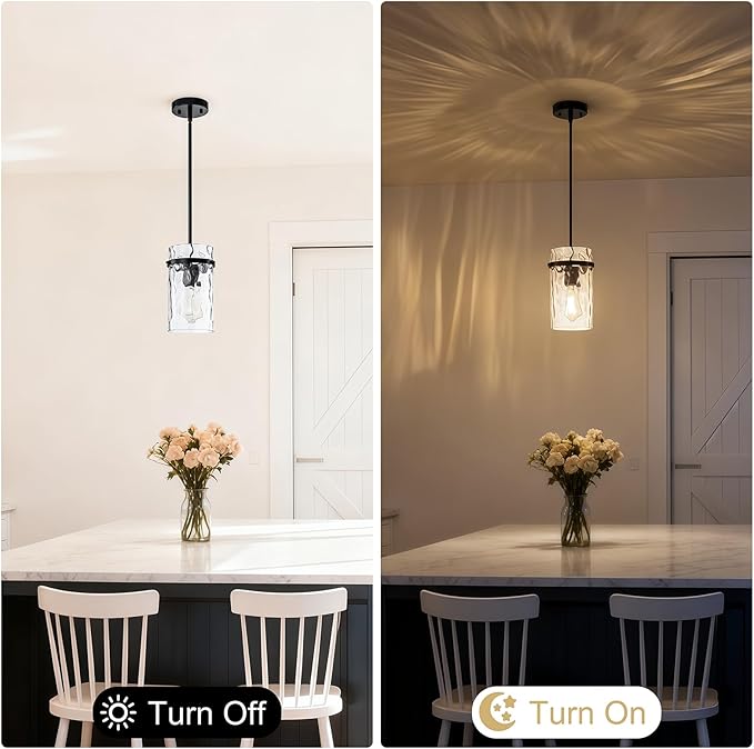 Farmhouse Hammered Glass Pendant Light, 5.5" Black Pendant Light, Modern Pendant Light Fixtures Island Lights for Kitchen Dining Room Light for Farmhouse Pendant Lighting 1 Pack