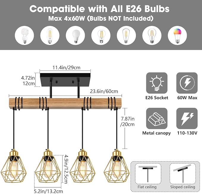4-Lights Island Lights for Kitchen, Black and Gold Pendant Light Fixtures, Farmhouse Dining Room Light Fixtures Over Table with Metal Shade, Pendant Lighting for Kitchen Island, Living Room