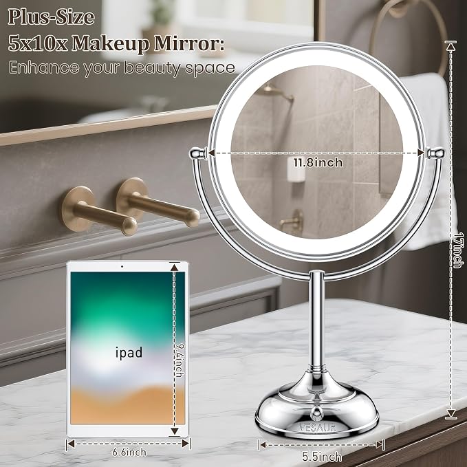 11.8" Extra Large 17" Tall Lighted Makeup Mirror, 1X/5X/10X 3-Sided Magnifying Mirror with 96 LEDs, 3 Color Dimmable Lights, 360° Swivel Dual Power Vanity Mirror, Silver Nickel Luxury Gift Box