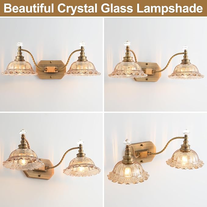 Vintage Bathroom Light Fixtures, 2 Light Brass Vanity Lights with Champagne Crystal Glass Flower Shade, Retro Wall Sconce for Bedroom, Living Room, Hallway