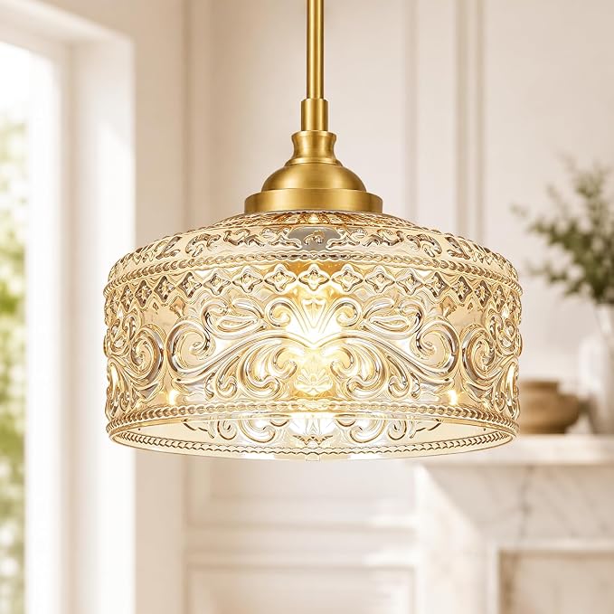 Brushed Gold Vintage Pendant Light Amber Glass Island Lights for Kitchen | Height adjustable hanging light fixture kitchen, 90-degree swivel, 2-in-1 ceiling light and pendant light, E26 bulb base