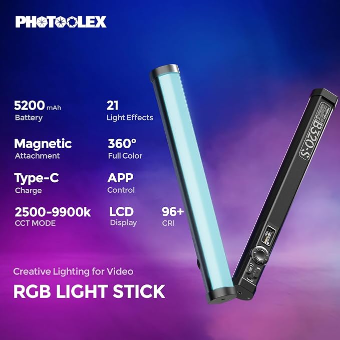 PHOTOOLEX Magnetic Light Wand, 360° RGB Tube Light, LED Video Light Stick | 10W/Full Color/CRI 96+/TLCI 97+/2500K-9900K/21 Scenes/Handheld/5200mAh, for Studio Photography Vlog Recording Streaming