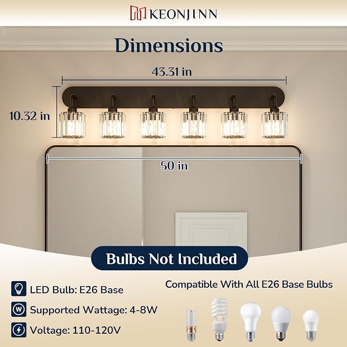 Keonjinn 6-Light Black Crystal Bathroom Light Fixtures Over Mirror | Vanity Lighting Fixture with Crystal Square Shades, Dimmable, Modern Style, Compatible with E26 Base LED Bulbs (Exclude Bulb)