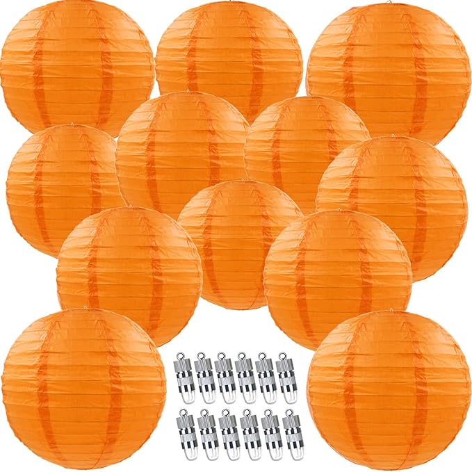12pcs Orange Paper Lanterns with 12pcs White LED Lights, 6" 8" 10" 12" Round Hanging Chinese/Japanese Ball Lantern for Wedding Anniversary Birthday Party Decorations