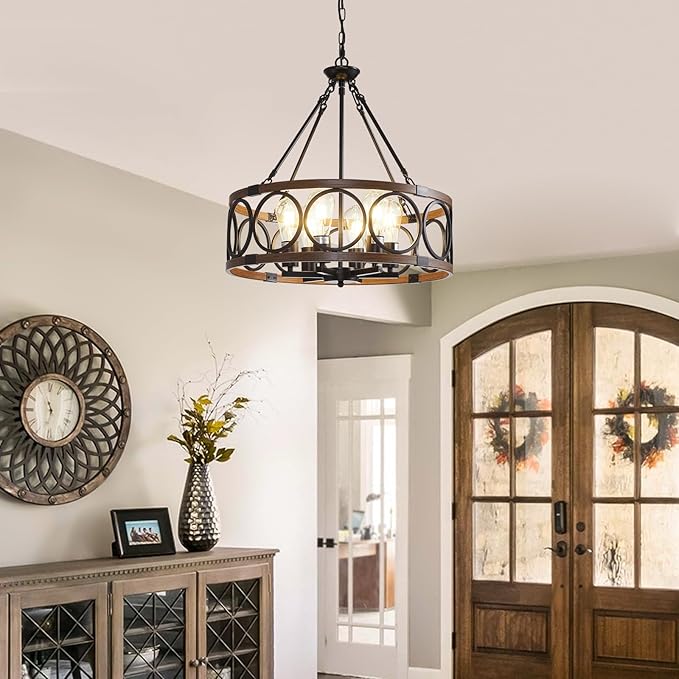 20.5'' Farmhouse Chandelier, 6-Light Walnut Wood Grain Dining Room Light Fixture Over Table, Rustic Industrial Drum Hanging Pendant Lights Fixture for Kitchen Island Bedroom Hallway Foyer Entryway