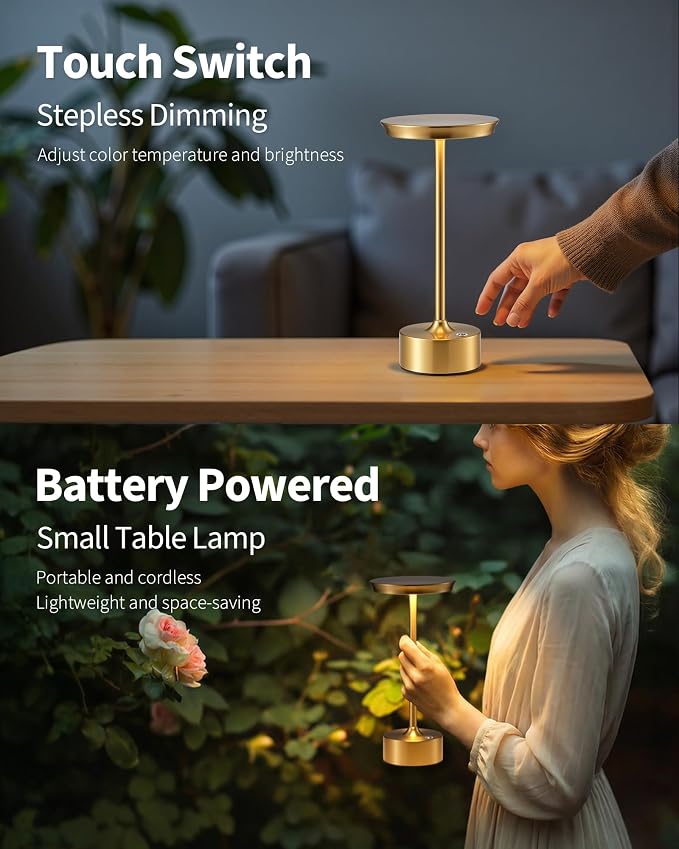 PUSU Rechargeable Table Lamps Set of 2, Gold Cordless Portable Desk Lamp | 4000mAh Battery, Stepless Dimming & 3 Color 2700K-6000K, LED Lamp for Bedroom, Living Room, Restaurant, Outdoor, Night Light