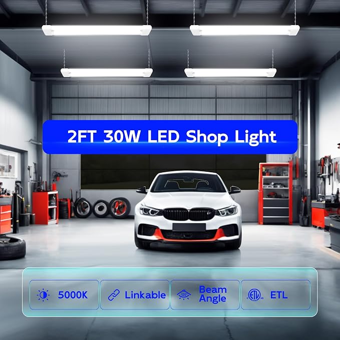 hykolity Linkable LED Shop Light 2FT with Power Cord,3500LM 5000K Daylight | 30W Utility Light Fixture,Hanging or Flush Mount,Shop Lights for Garage,Workshop,Utility Room,ETL Listed,White,4 Pack