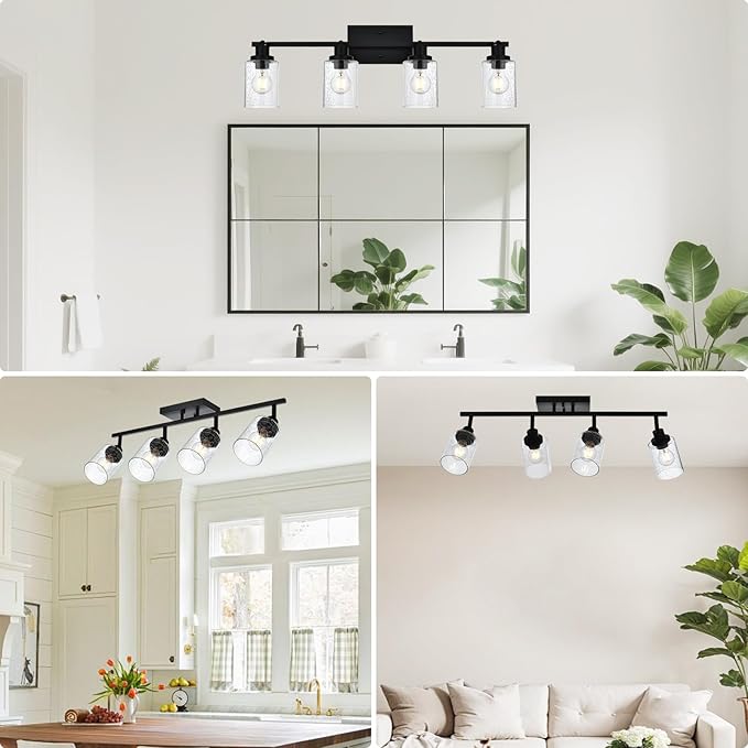 4-Light Black Track Lighting Kit Ceiling Mount Kitchen Track Lighting Fixtures, Bathroom Ceiling Tracking Vanity Light with Bubble Seeded Glass Shade & Rotatable Tracking Heads for Accent Shop