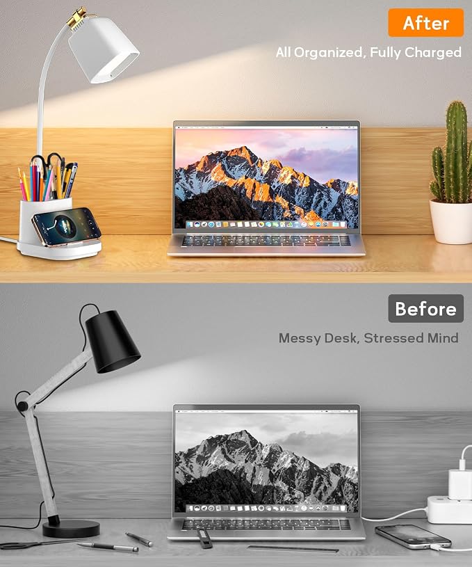 LED Desk Lamps for Home Office with Charger, Organizer, Desk Light Table Lamp for Bedroom, Study, Reading, Work, Nail, Gooseneck Small Desk Lamp for Artist, Puzzle, Drawing, Eye-Caring LED Office Lamp