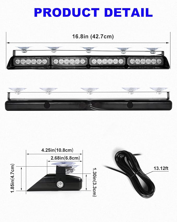 HLauto 6Z4J Emergency Dash Strobe Lights: 2x16.8 inch Blue White Safety Lights, 48 LED Flashing Warning Hazard Interior Windshield Visor Traffic Light Bar for Trucks, Construction Vehicles