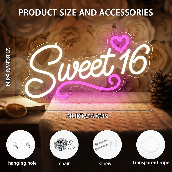 Sweet 16 Neon Sign, LED 16th Birthday Party Decor Light 16.1"X8.6" | USB Powered with Dimmer Switch Sixteen 16th Birthday Party Decorations for Girls Light Up for Wall Decor Room Decor Aesthetic