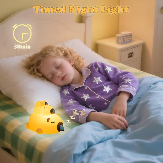 Night Light for Kids, 3 Cute Capybara Silicone Night Lamps with Timer, 3 Levels Dimmable Night Light, LED Bedside Night Lamp, USB Rechargeable Portable Animal Nightlights for Boys Girls Decor (Family)
