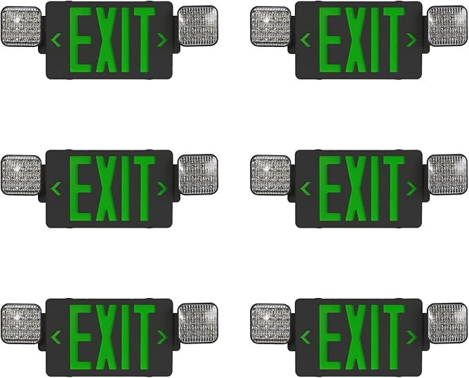 Black Green LED Exit Sign Emergency Light Combo, UL Listed Battery Backup | UL-listed commercial fire exit sign features 90-min battery backup, 360° rotating dual heads, and easy dual-mount setup.