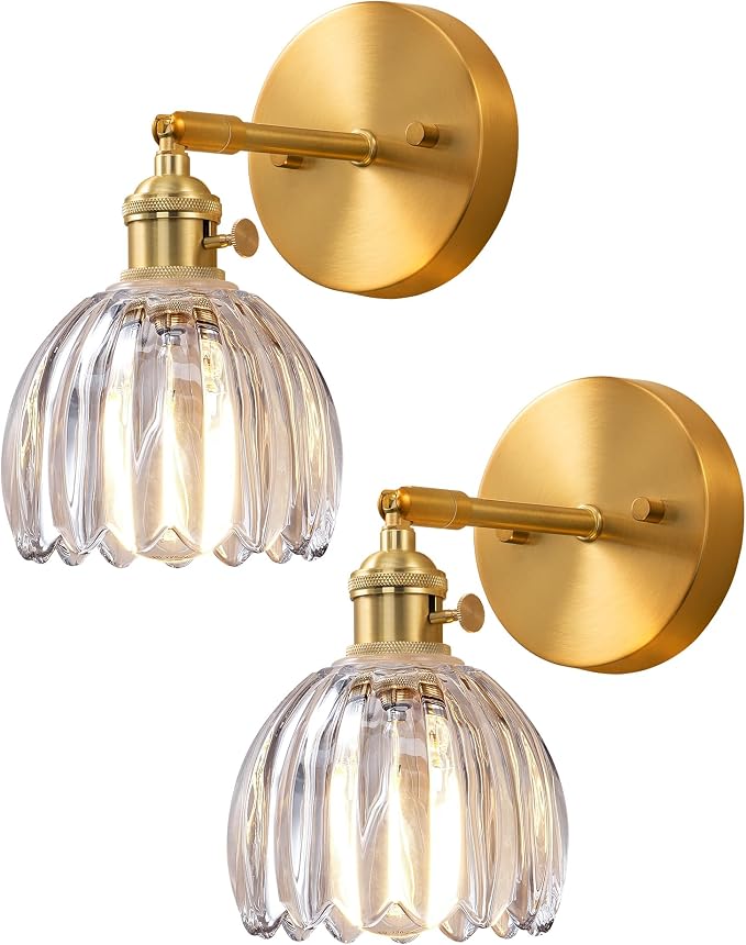 EDISHINE 2-Pack Brass Gold Sconces, 180° Adjustable Tulip Glass Wall Lamps | Hardwired, Rotary ON/OFF Switch, E26, Vintage & Modern Style for Bathroom, Bedroom, Hallway