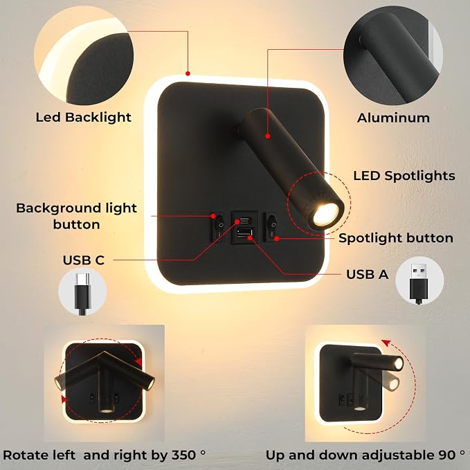 LED Wall Sconce Plug in With Wall Mounted Reading Lights,Modern Black Wall Lamp for Bedroom With Charging Station USB C+A Ports,Headboard Bedside Lamp for Living Room With 3W+9W Night Light