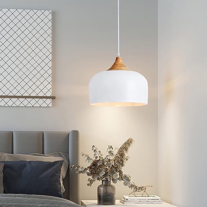 Modern Solid Wood Pendant Light,Ceiling Hanging Lamp with Dome Metal Shade,Adjustable Light Fixture for Kitchen Island,Dining Room- White