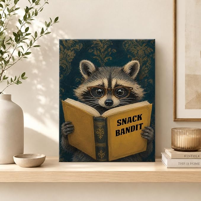 NSFBESSLIA Funny Reading Raccoon Painting, Whimsical Vintage Animal Decor, Snack Bandit, Cottagecore Wall Art for Living Room Bedroom Entryway, 8x10 Inch