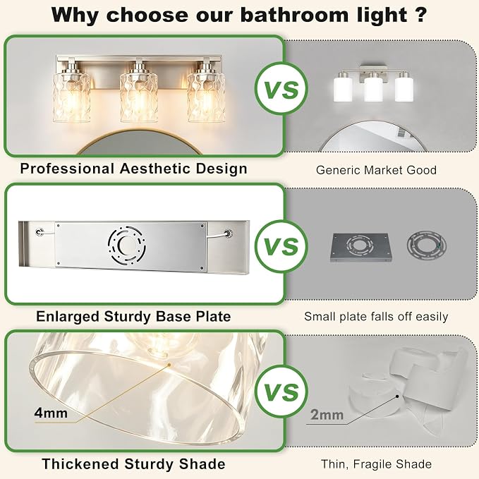 Modern Bathroom Lighting Fixtures Over Mirror, Vanity Lights for Bathroom, Wall Sconces with Clear Glass Shades, E26 Ceramic Socket, 3-Light 19.7-inch Brushed Nickel