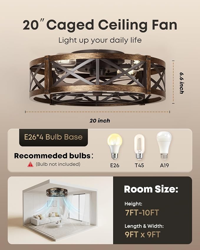 Caged Ceiling Fan with Light and Remote, 20" Low Profile Flush Mount Ceiling Fans with Light, 6 Speed, Timing, Reversible DC Motor, Small Farmhouse Fan Lights for Bedroon Kitchen Living Dining Room