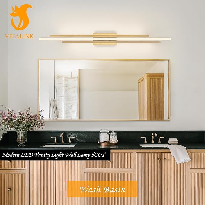 VitaLink 48" Gold LED Bathroom Light Fixtures Long Vanity Lights Over Mirror Lighting Lamps Wall Mount Lighting Over Vanity Picture Indoor 5CCT(3000K/3800K/4500K/5200K/6000K)