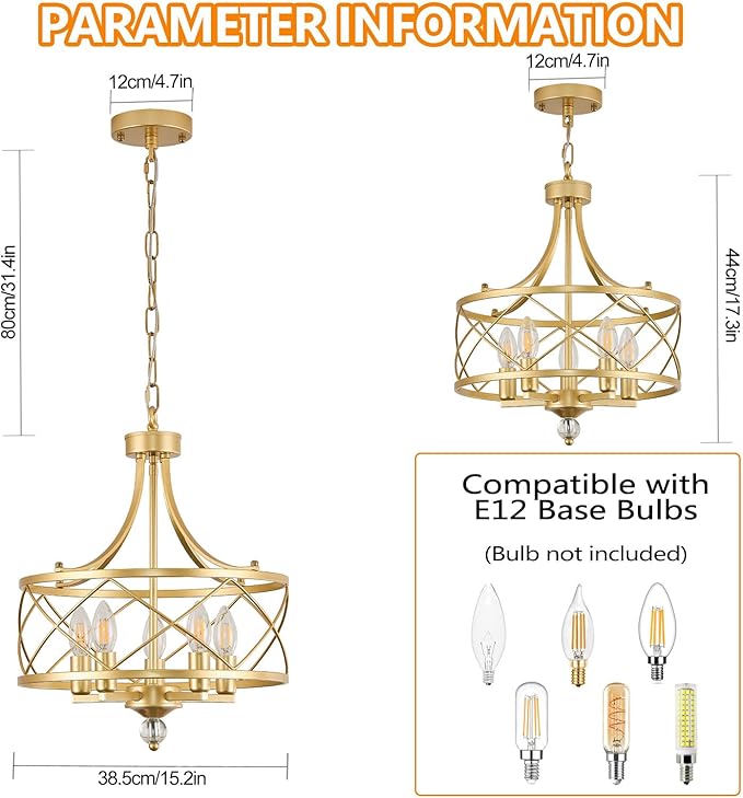 5-Light Round Chandelier,15.2in Gold Farmhouse Lantern Pendant Light Fixture,Adjustable Hanging Ceiling Lamp,for Kitchen Island,Bedroom,Entryway,Dining Room