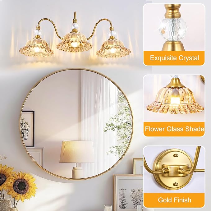 Mid Century Bathroom Light Fixtures 3 Lights Brushed Gold Vanity Lights for Bathroom with Floral Amber Crystal Glass Shade Bathroom Vanity Lighting Fixtures Over Mirror for Bedroom Living Room Hallway