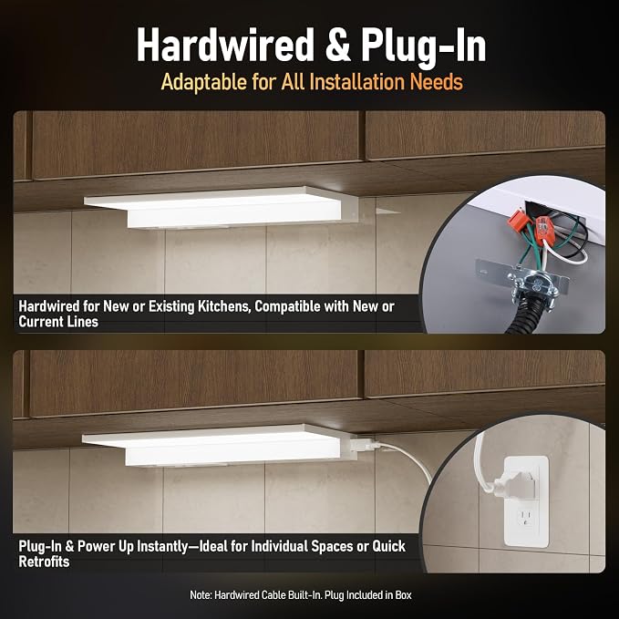 TORCHSTAR 2-Pack Ultra-Slim LED Under Cabinet Lighting Fits 12" Cabinets | 5CCT, Hardwired & Plug-in, 8W 600LM, 120V CRI90 Linkable Dimmable Thin Under Counter Lights for Kitchen, ETL T24, White