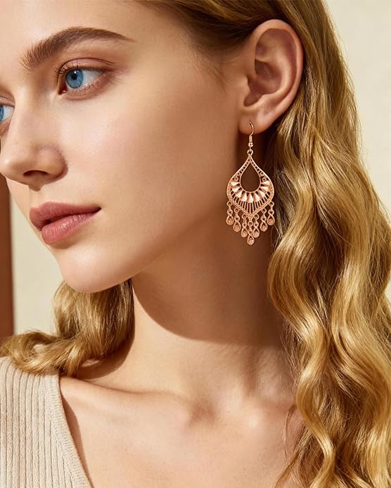 Silver 14K Gold & Rose Gold Plated Boho Chandelier Earrings – Intricate Bohemian Earrings with Filigree and Tassel Earrings for Women Trendy