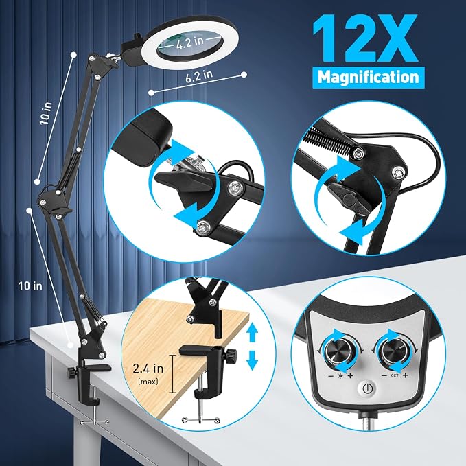 KIRKAS 12X Magnifying Glass with Light and Stand, Overhead Dual Knob | Lighted Magnifier Lamp for Workbench, Craft, Sewing, Repair, Reading, Real Glass Lens Stepless Dimming and Color (22IN Clamp)