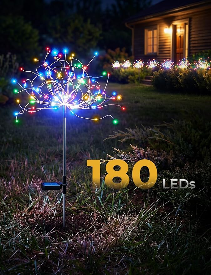 Multicolor Solar Lights Outdoor, 2 Pack 180LED Solar Garden Lights for outside, 8 Modes Firework Fairy light for Yard Pathway 4th of July Carnival Juneteenth Christmas Decor, Red/Yellow/Blue/Green | Red/Yellow/Blue/Green, 8 Modes Firework Fairy Light, ...