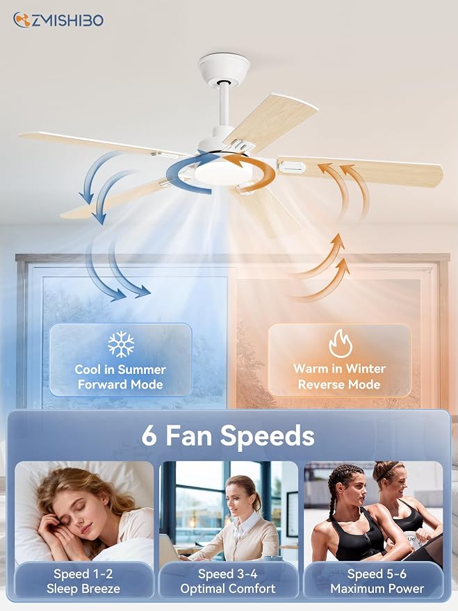 ZMISHIBO 52" Ceiling Fans with Lights and Remote, White Modern for Indoor | 24W 2400LM Bright LED, 3CCT, Dimmable, App Control, Farmhouse Dual Finish Blades, Quiet&Strong Motor for Bedroom, Living Room