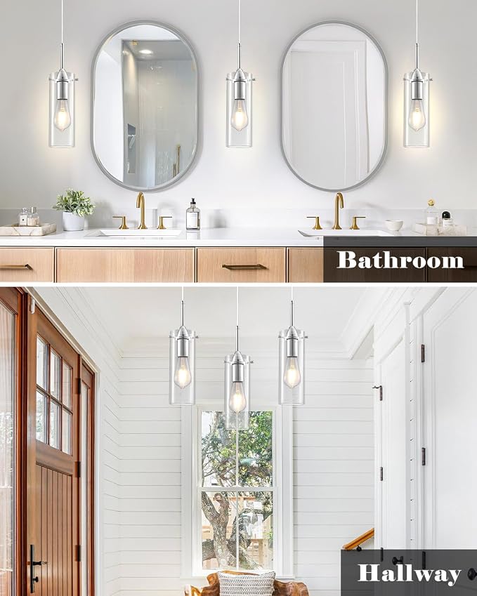 Chrome Pendant Lights Kitchen Island 3 Packs, Glass Pendant Light, Modern Clear Glass Pendant Light Fixture, Pendant Lights for Kitchen Island, Living Room, Bathroom