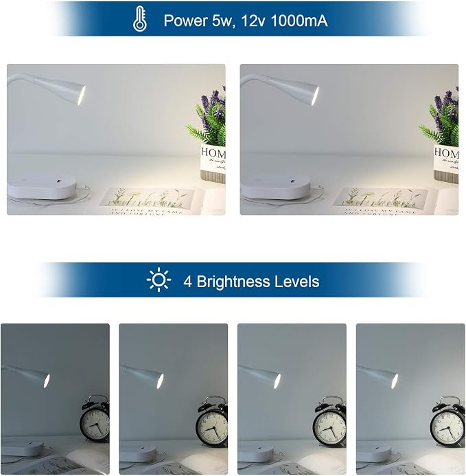 Wall Mount Reading Light, Focused Book Light for Reading in Bed, 5 Dimming, USB Output, 4 Hours Auto Off, Touch Control, Flexible Gooseneck Headboard Reading Lamp, Easy to Install White | Focused bedside light with touch dimming, flexible gooseneck, US...