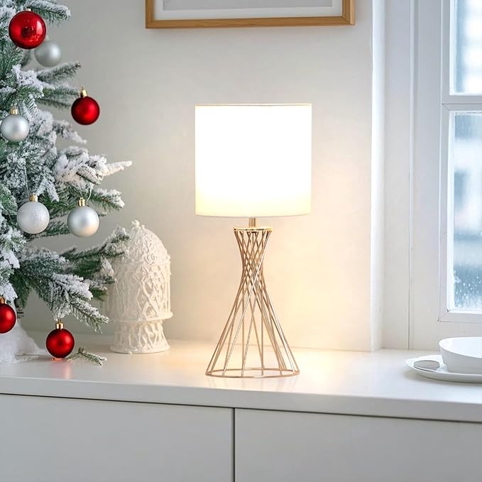 Gold Table Lamp, Small Cute Gold Desk Lamp, Nightstand Lamp, Modern Bedside Lamp with White Fabric Shade, Metal Geometric Hollow Out Base Lamps for Living Room Bedrooms Kids Room
