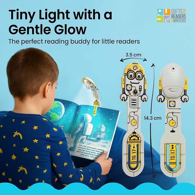 Gifts for Readers & Writers Book Light for Kids, Clip On Reading Light for Bed, 2in1 Flexilight Pals & Bookmark, Small & Lightweight with a Soft Glow, 2 Batteries Included, Robot Grey