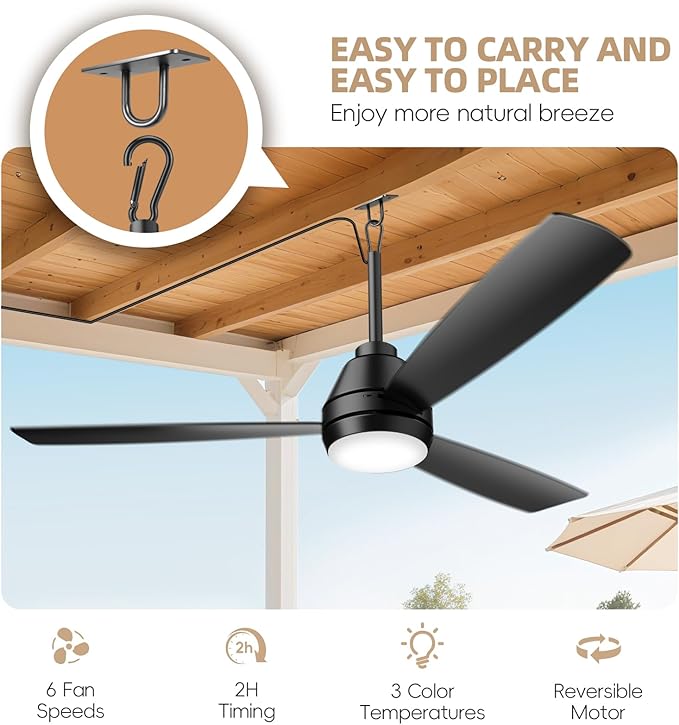 PBLALA 52" Outdoor Ceiling Fans with Lights,Plug in Ceiling Fan Light,Gazebo Fan Light,Hanging with Hook,50W,3CCT,App&Remote Control,6-Speeds,DC Motor,Portable Fan for Patios,Pergola