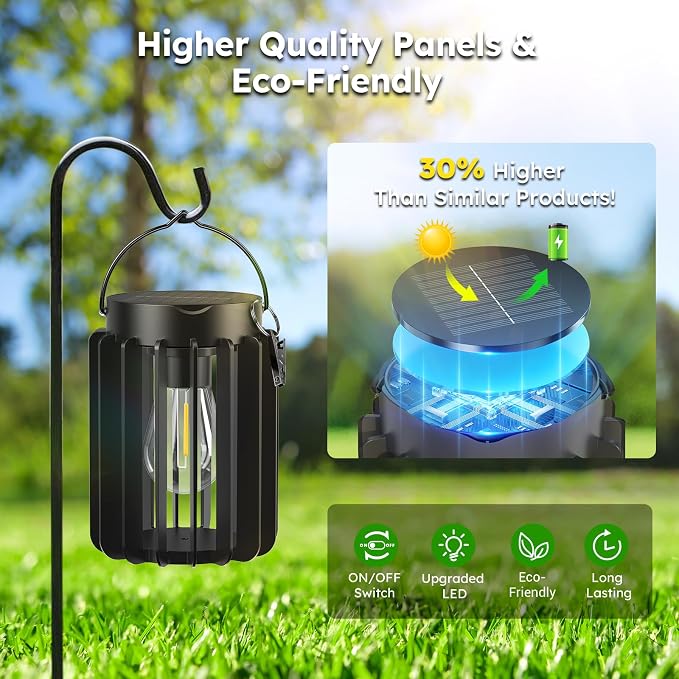 4 Pack Solar Lanterns Outdoor Waterproof, Retro Metal Hanging Lantern | 12-Hr Runtime Outdoor Solar Lantern, Auto On At Dusk, High Bright Hanging Solar Lights for Garden Porch Patio Decor, Black