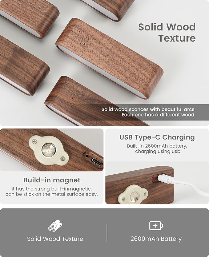 Wood Wall Sconce, Rechargeable Magnetic Wall Lamp, Dimmable | Bedside Reading, 360° Rotation, Stepless Dimming, 4000K Natural Light, Magnetic Installation for Bedroom Wall Lamps