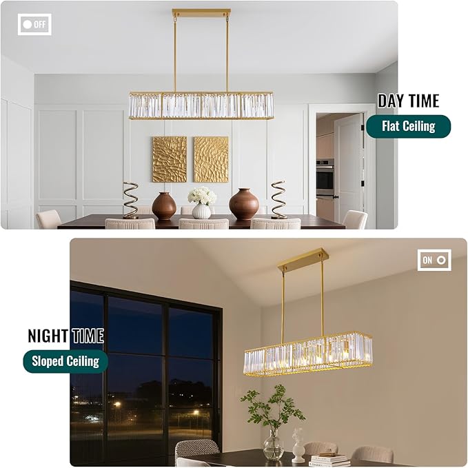 Siljoy Modern Crystal Chandelier 7-Light Rectangle Gold K9 Crystal Raindrop Chandelier Luxury Dimmable Linear Crystal Pendant Ceiling Light for Dining Room Living Room Kitchen Island L47''
